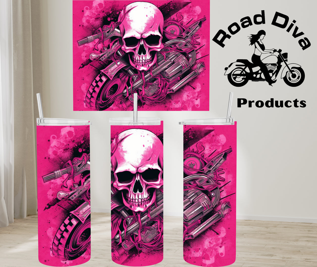 Pink Skull Bike stainless steel tumbler