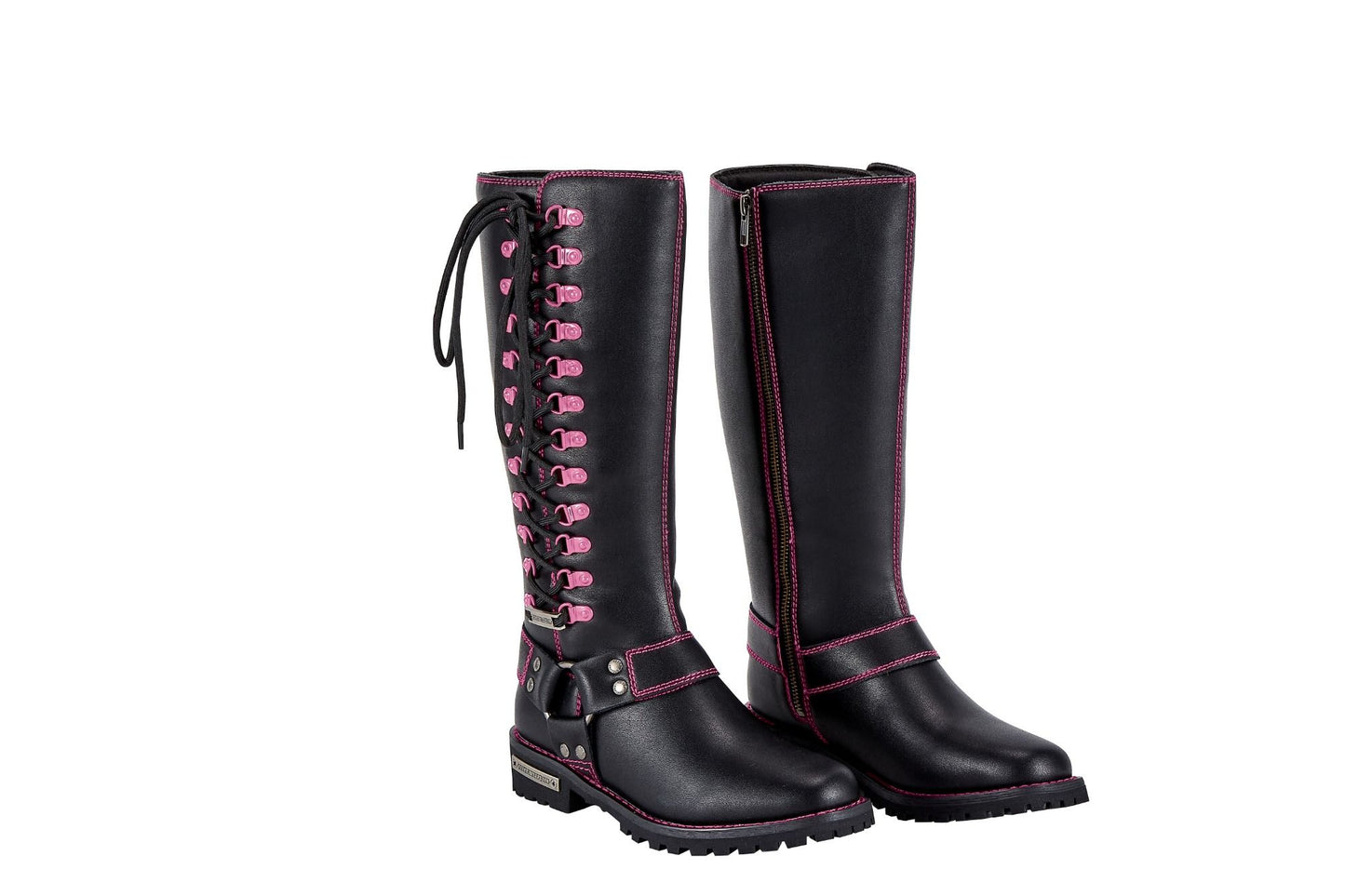 Women Biker Long Boots with Pink Laces