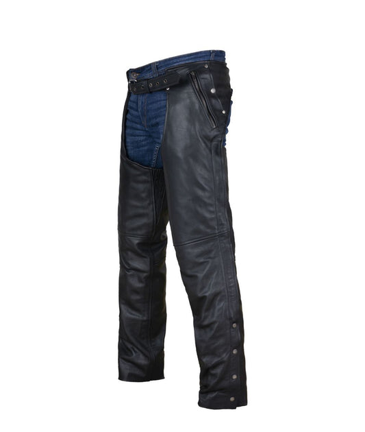 Black 100% Genuine Leather Motorcycle Chaps Zip-Out Liner, 4 Pockets Biker Pants