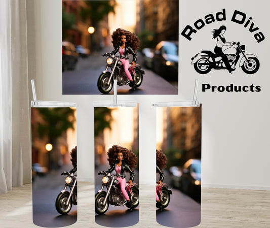 Black Barbie on her motorcycle stainless steel tumbler