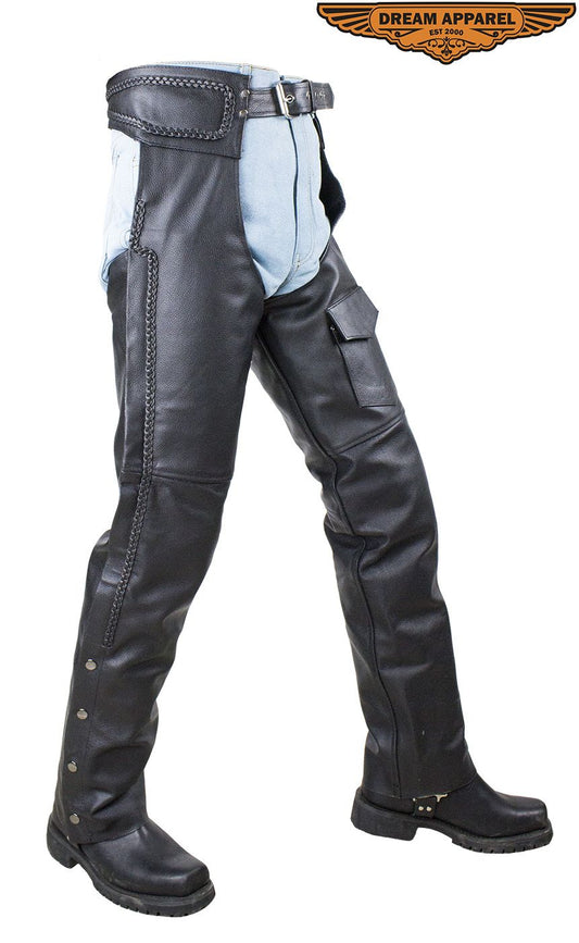 Braided Split Leather Chaps W/ Mesh & Zip out Lining - Black