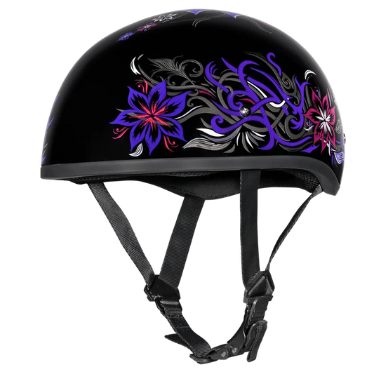 DOT Motorcycle Half Face Helmet - Skull Cap Graphics for Men & Women, Scooters, ATVs, UTVs & Choppers - Flowers
