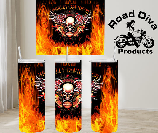 Harley Davidson Skull in Flames stainless steel tumbler