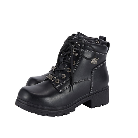 Lace Up Motorcycle Riding Boots YKK Zipper Black Faux Leather Ankle Biker Boot