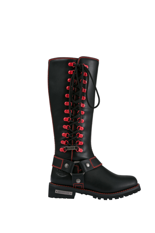 Women Biker Black Long Boots with Red Laces