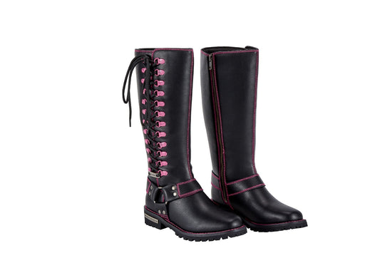 Women Biker Long Boots with Pink Laces