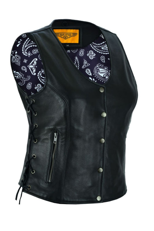 Women Vest Purple Paisley Lining Side Laces Conceal Pockets