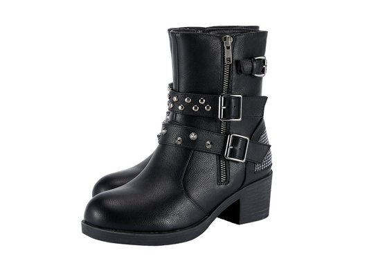 Zippered Black Multi-Studded Buckle Boots